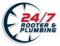 Logo for "24/7 Rooter & Plumbing" featuring bold red and blue text next to a circular graphic with white and blue segments resembling a fan or pipe system.