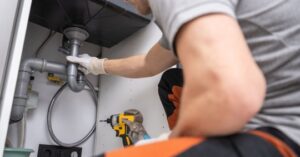 A person wearing gloves repairs pipes under a sink, with tools including a drill and pliers nearby.