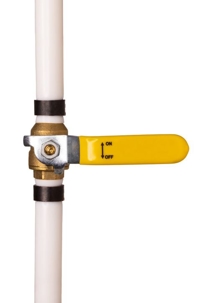 A yellow-handled ball valve attached to a white pipe, with "ON" and "OFF" labels indicated on the handle.