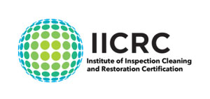The IICRC logo features a circular pattern of green and blue dots next to the text "IICRC Institute of Inspection Cleaning and Restoration Certification," representing excellence in Water Restoration.