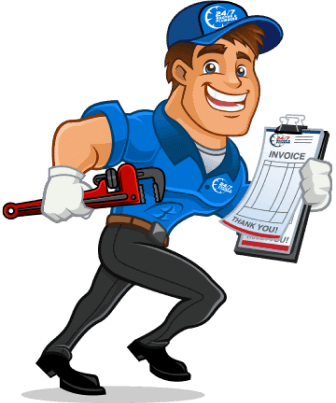 Cartoon plumber in blue uniform holding a red pipe wrench and an invoice clipboard, smiling and walking forward.