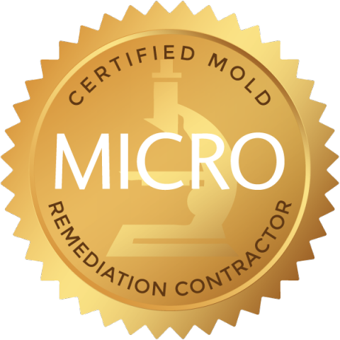 Gold seal with a microscope icon and the words "Certified Mold Remediation Contractor MICRO" in a circular arrangement, highlighting expertise in mold and Water Restoration services.